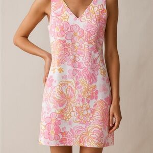 Lilly Pulitzer Floral Shift Dress Pink Yellow V-Neck Resort Summer Party Medium